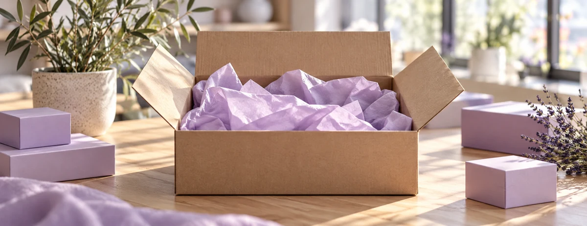 Caja de envío con papel lavanda en un espacio de empaquetado