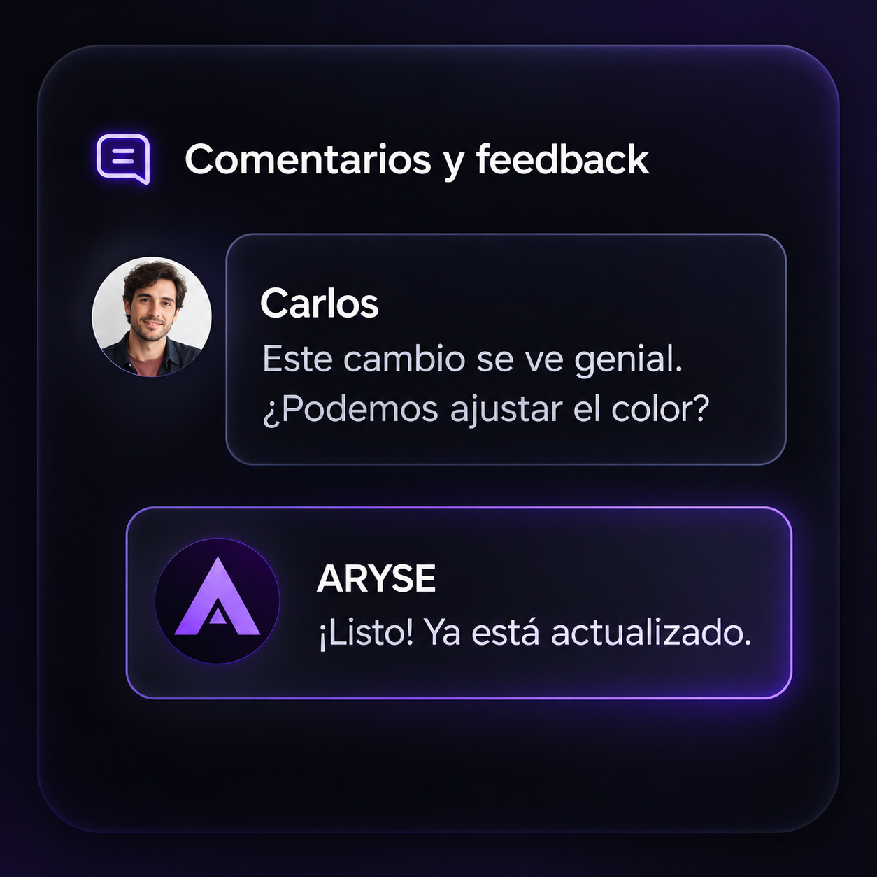 Panel de comentarios entre cliente y estudio con la respuesta activa resaltada