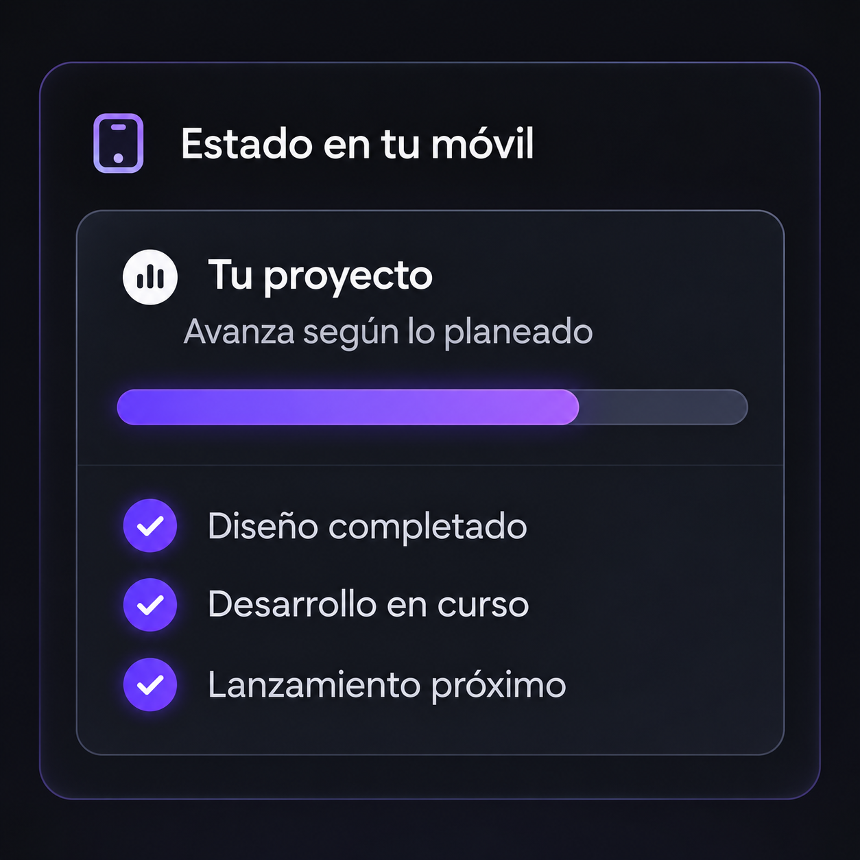 Panel adaptable a móvil con una barra de progreso y tareas del proyecto
