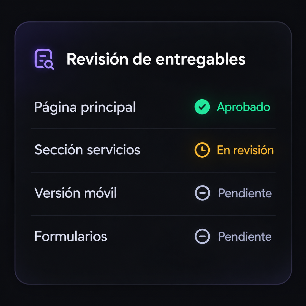 Panel de entregables con estados aprobado, en revisión y pendiente