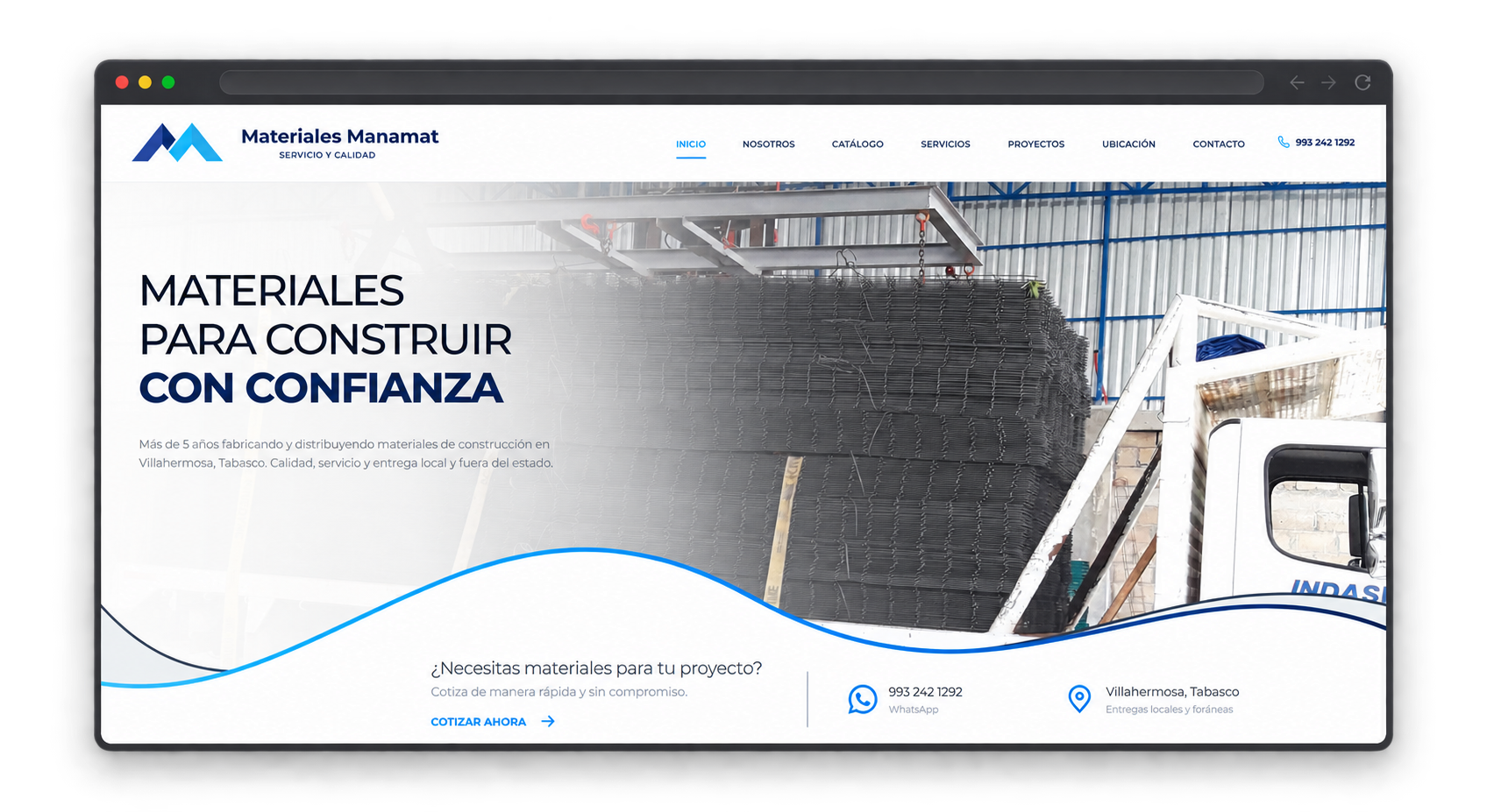 Sitio web de Materiales Manamat, con su oferta y canales de contacto visibles