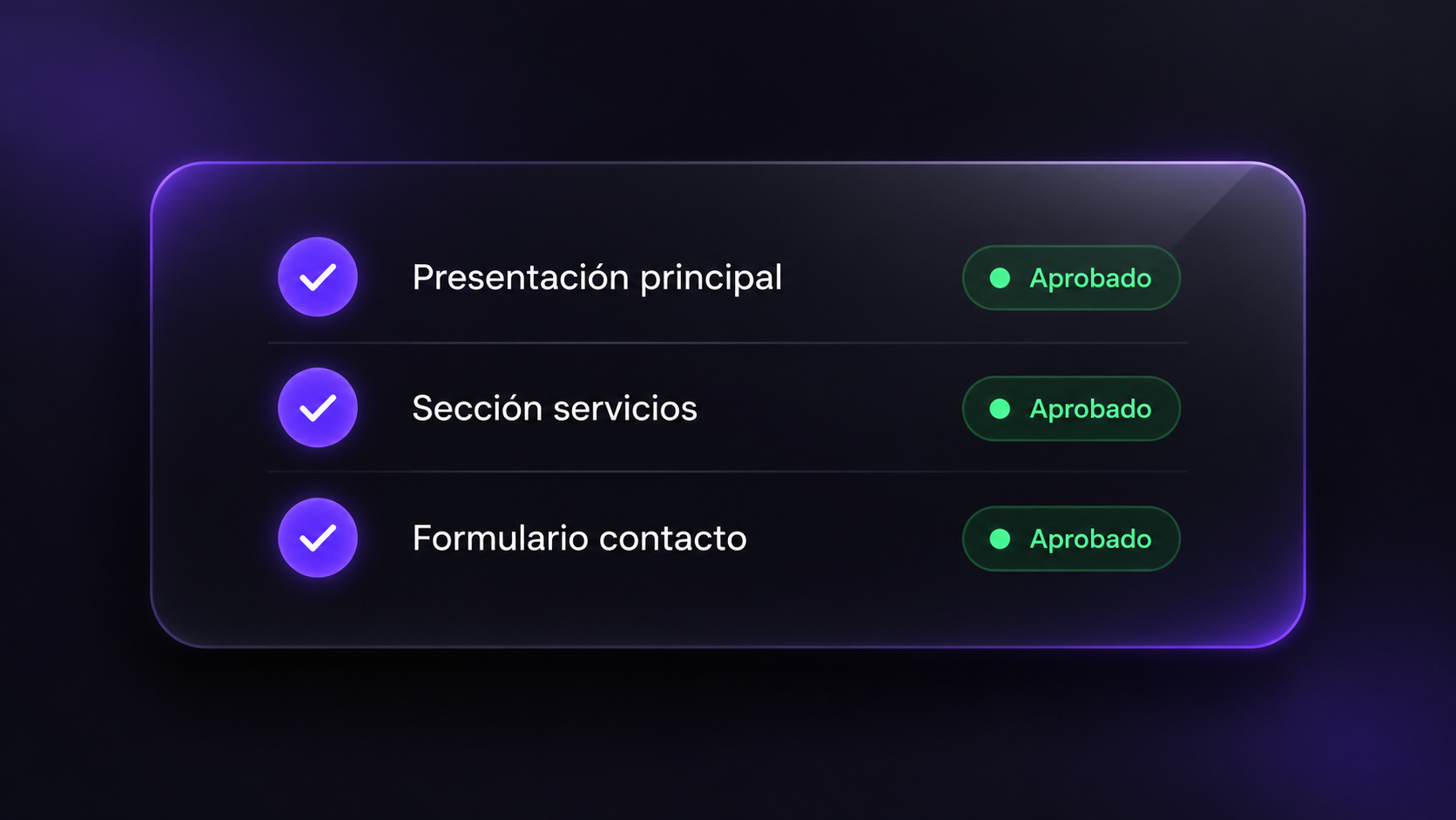 Lista de revisión con Presentación principal, Sección servicios y Formulario contacto aprobados